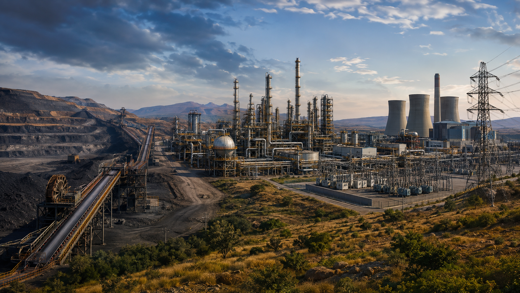 Composite South African industrial scene featuring mining, petrochemical and energy infrastructure