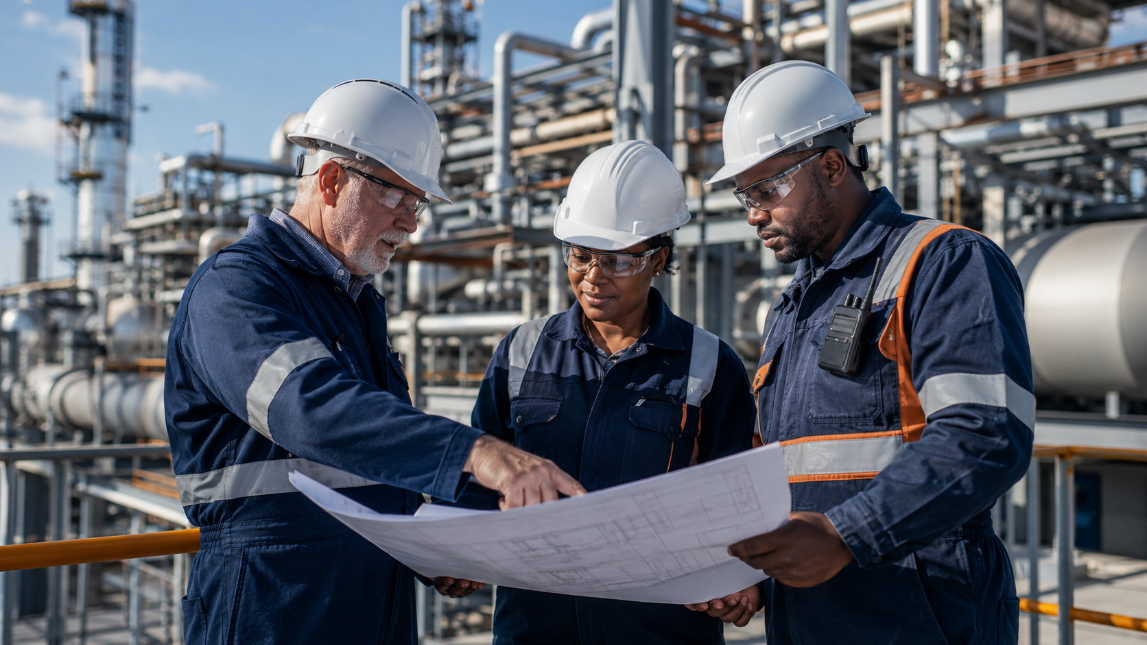 South African plant and project team reviewing industrial engineering drawings beside operating equipment